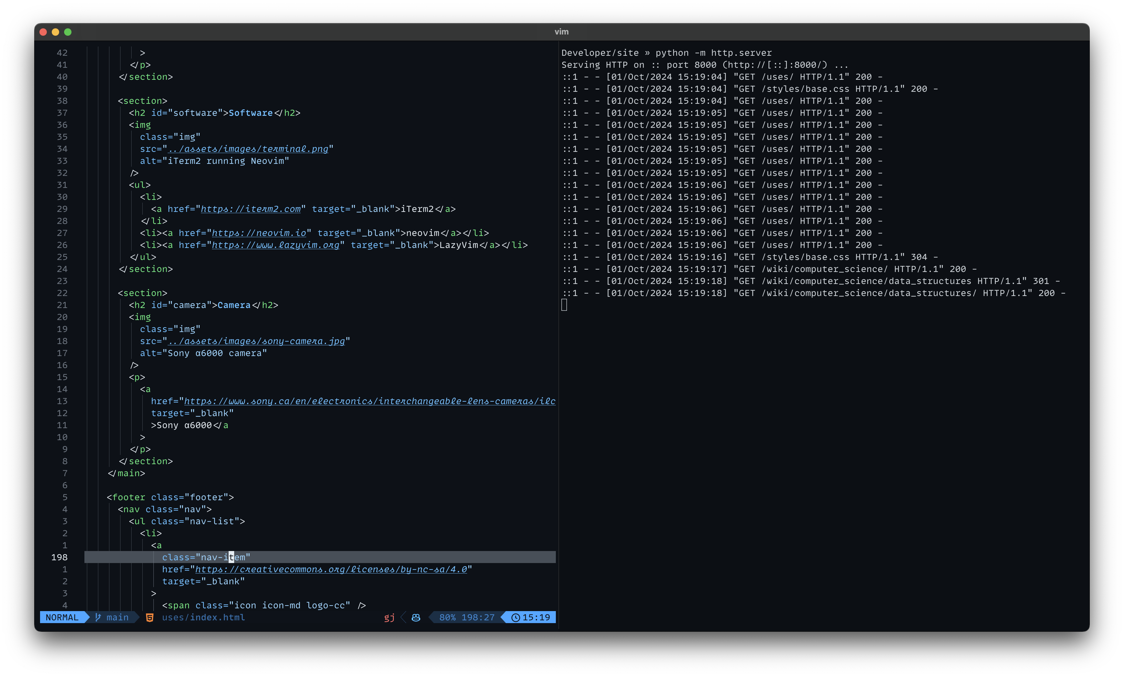 WezTerm running Neovim showing the source and server for this page in dark mode.