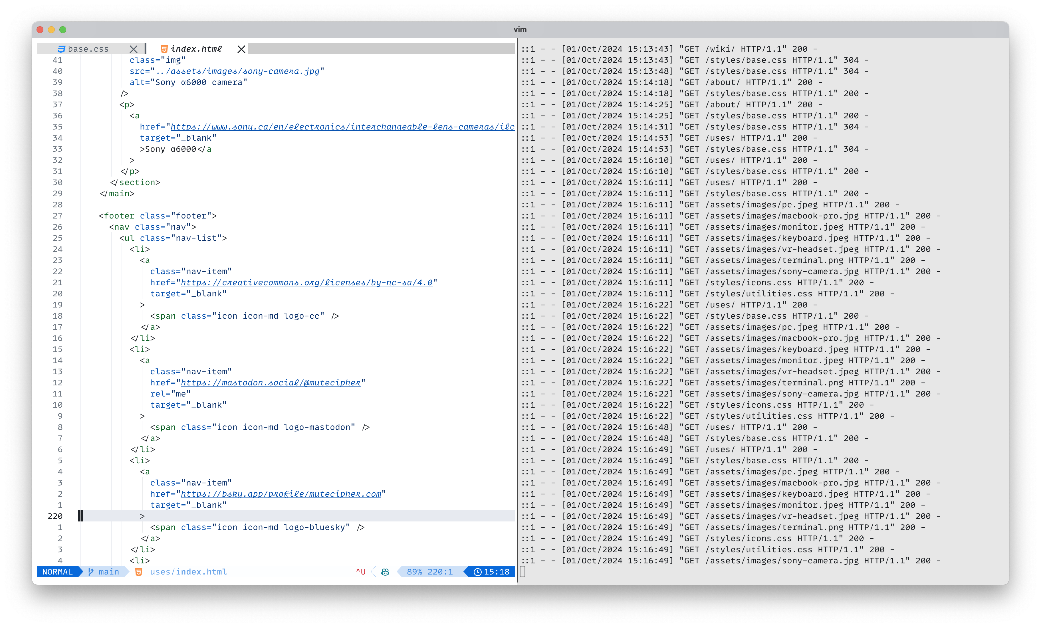 WezTerm running Neovim showing the source and server for this page in light mode.